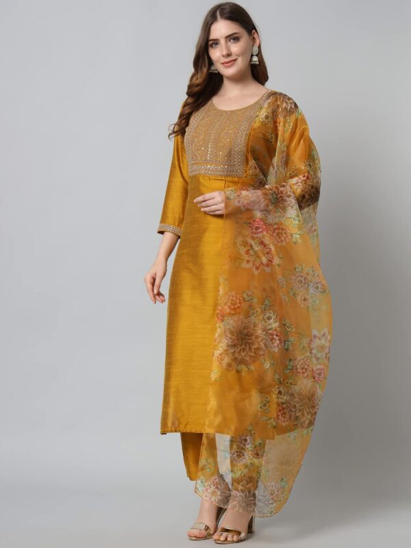 VredeVogel Women's Embroidered Floral Cotton Silk Blend Kurta Pant and Dupatta Set (Mustard_XX-Large) - Image 9