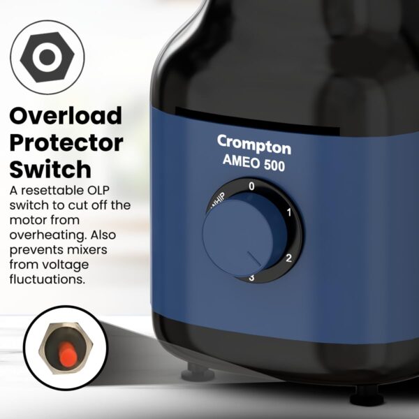 Crompton Ameo 500W Mixer Grinder with Powertron Motor & Motor Vent-X Technology, Robust design (3 Stainless Steel Jars, Blue and Black) - Image 4