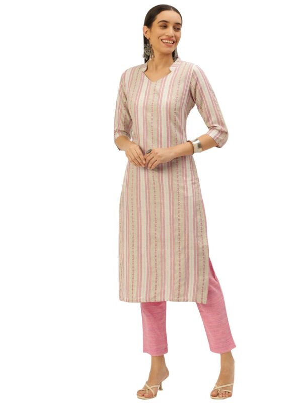 Amazon Brand - Anarva Women's Pink Cotton Blend Stripes Printed Straight Kurta with Bottom (HRKB0046PNK_XXL) - Image 3