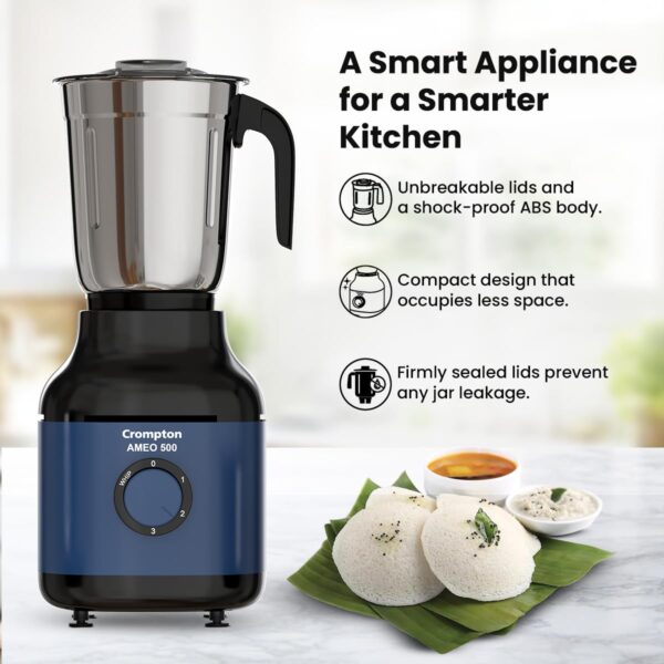 Crompton Ameo 500W Mixer Grinder with Powertron Motor & Motor Vent-X Technology, Robust design (3 Stainless Steel Jars, Blue and Black) - Image 3
