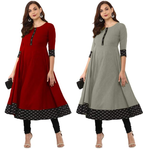 NATEK Plain Cotton Office Wear Regular Fit Anarkali Kurta Dress Tops For Ladies Girls - Combo Set Of 2 Maroon, Grey Color Large Size - Image 3