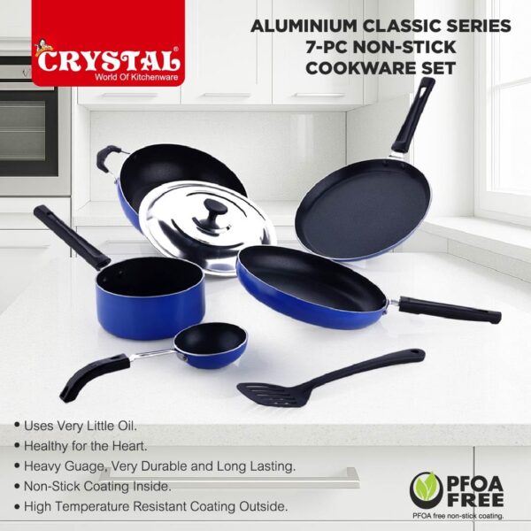 Crystal Aluminium Classic Series 7-Pc Non-Stick Cookware Set | PFOA Free | Tawa, Vagariya, Kadhai with SS Lid, Fry Pan, Sauce Pan, 1 Spatula | Multicolour - Image 9