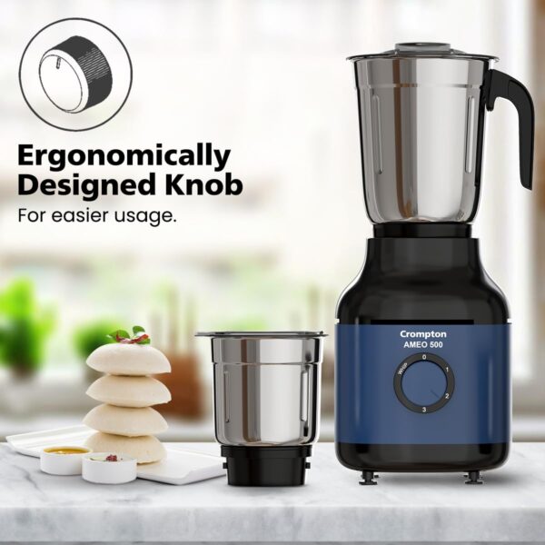 Crompton Ameo 500W Mixer Grinder with Powertron Motor & Motor Vent-X Technology, Robust design (3 Stainless Steel Jars, Blue and Black) - Image 5