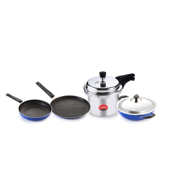 Crystal Nonstick Kitchen cookware Set | Kitchen Combi | Tawa 250 mm | Fry Pan 240 mm | Kdai with Steel Lid 240 mm | Pressure Cooker 3 LTR | PFOA Free | Blue
