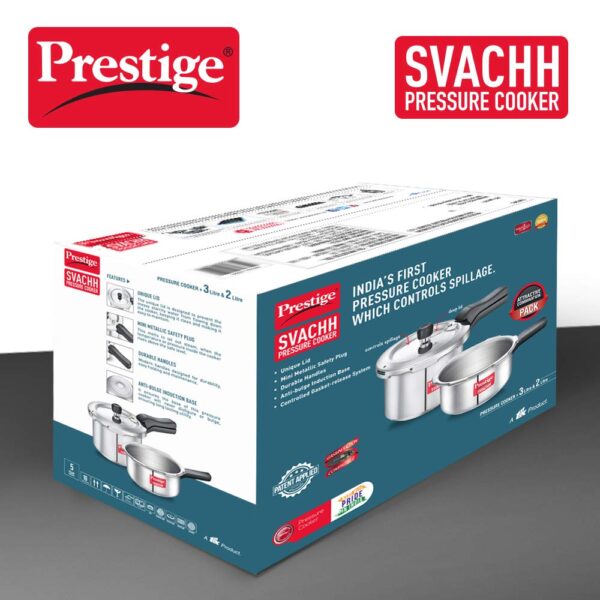 Prestige 3L+2L Aluminium Svachh Pressure Cooker Combo (Outer Lid)|Deep lid for spillage control|Gas & induction compatible|Controlled Gasket-Release System|Silver|5 years warranty - Image 3