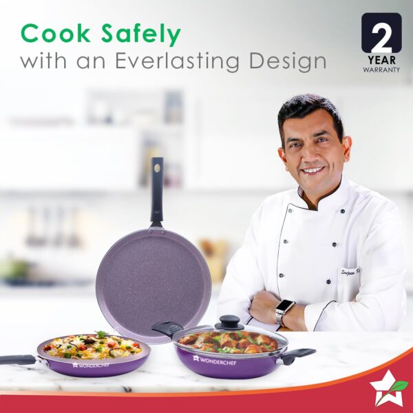 Wonderchef Valencia Non-Stick Cookware 4 Piece Set | Kadhai with Lid 24 cm, Fry Pan 24 cm, Dosa Tawa 28 cm | Pure Grade Aluminium| PFOA Free| 2 Years Warranty | Purple - Image 7