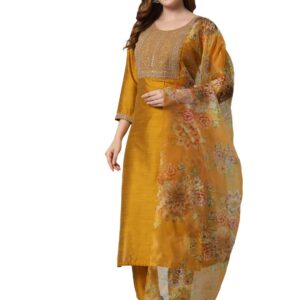 VredeVogel Women's Embroidered Floral Cotton Silk Blend Kurta Pant and Dupatta Set (Mustard_XX-Large)
