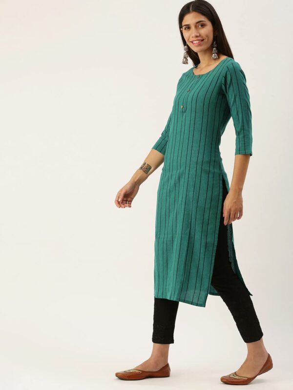 Amazon Brand - Anarva Women's Green Stripes Printed Cotton Blend Casual Kurta (SNJHR5_HRK0016TGRN_L) - Image 3