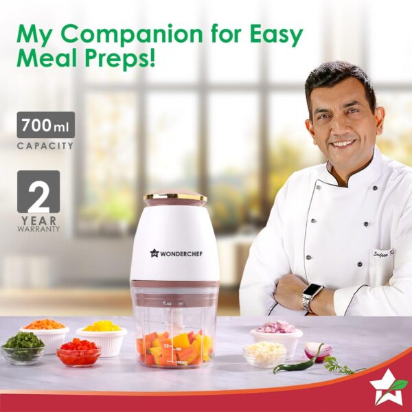 Wonderchef Nutri-chop Pearl Electric Chopper | 4 Sharp Stainless Steel Blades | 700ml | 350W | Chop and Mince Vegetables, Meat, Blends Dips | Low Noise | Light-weight | 2-Year Warranty - Image 6