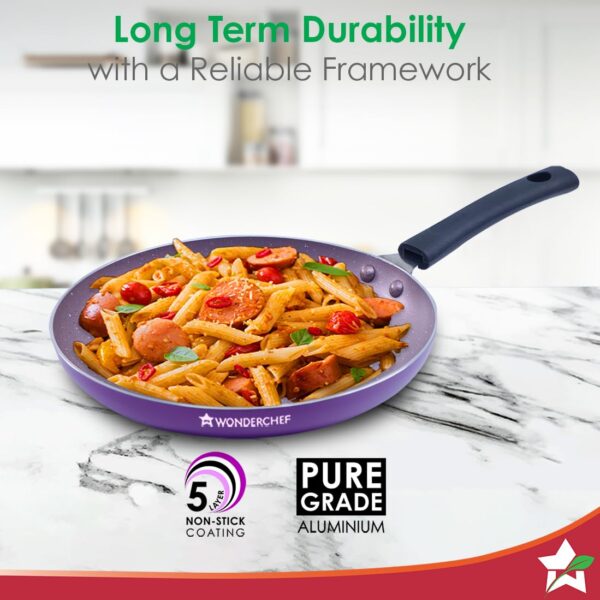 Wonderchef Valencia Non-Stick Cookware 4 Piece Set | Kadhai with Lid 24 cm, Fry Pan 24 cm, Dosa Tawa 28 cm | Pure Grade Aluminium| PFOA Free| 2 Years Warranty | Purple - Image 5