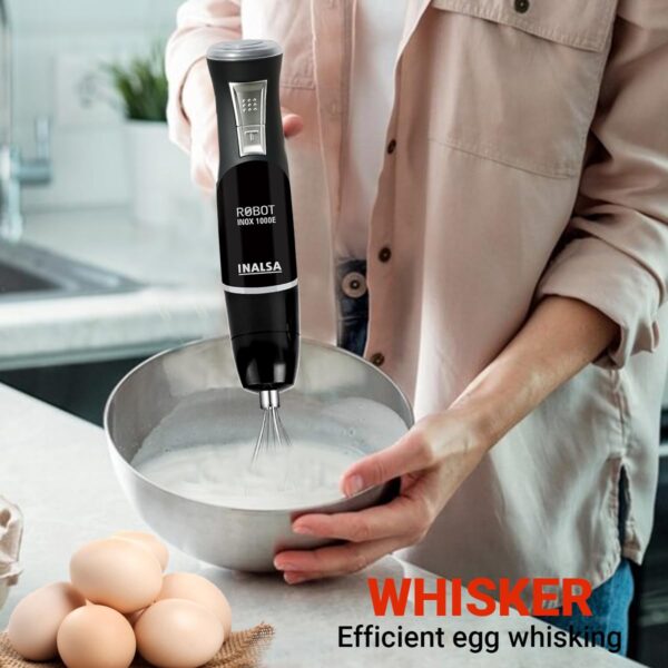 INALSA Hand Blender 1000 Watts with Chopper, Whisker| Variable Speed & Turbo Speed Function|100% Copper Motor|1Liter|Low Noise |Anti-Splash Technology|Home&kitchen|2 Year Warranty (Robot Inox 1000E) - Image 5