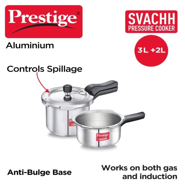 Prestige 3L+2L Aluminium Svachh Pressure Cooker Combo (Outer Lid)|Deep lid for spillage control|Gas & induction compatible|Controlled Gasket-Release System|Silver|5 years warranty - Image 6
