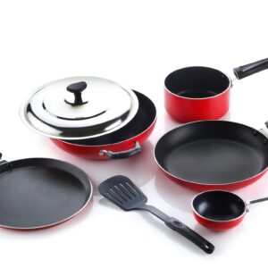 Crystal Aluminium Classic Series 7-Pc Non-Stick Cookware Set | PFOA Free | Tawa, Vagariya, Kadhai with SS Lid, Fry Pan, Sauce Pan, 1 Spatula | Multicolour