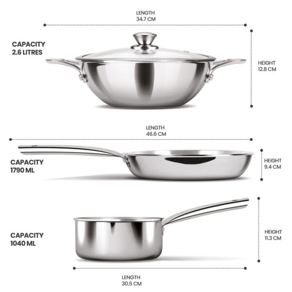 Milton Pro cook Triply Stainless Steel 4 Pc Induction Cookware Set, Tea Pan 16cm, Fry Pan 22cm, Kadai with Glass Lid 24cm, Even & Fast Cooking, Induction & Gas Ready, 3 Years Warranty by Manufacturer - Image 5
