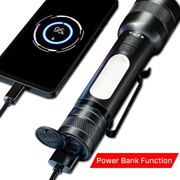 IBELL FL8375S Rechargeable Torch, Powerbank Function, Aircraft Aluminum Body, Telescopic Zoom, Water Resistant Flashlight with Multiple Light Modes (Black) LED - Image 4