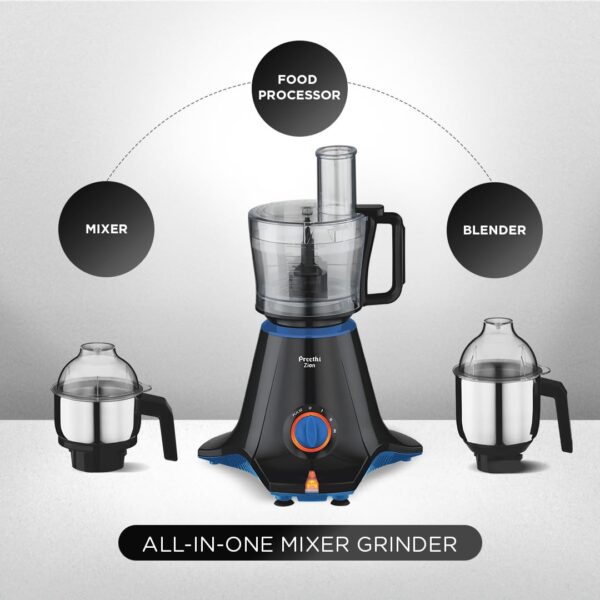 Preethi Zion Mixer Grinder for Kitchen - 4 Jars 750 Watt Mixie (3 Stainless steel Jars+1 Master Chef Plus Food processor Jar), Flexi lids, Vega W5 motor, Black (MG-227) - Image 6