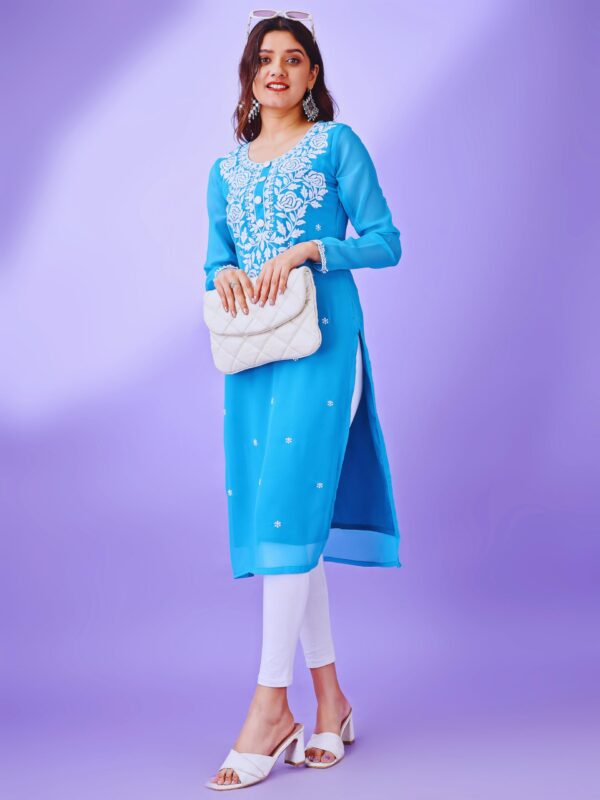 HESVI Women Georgette Regular Fit White Lakhnavi Chikankari Kurti with Intricate Embroidery Work (Blue, S) - Image 2
