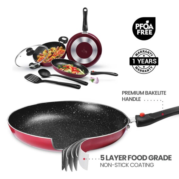 Milton Pro Cook Kitchen Pride Set of 5 Non Stick Cookware | Non Induction I Cooking Pan, Kadhai with Lid, Tawa, Nylon Laddle & Spatula I Peach - Image 4