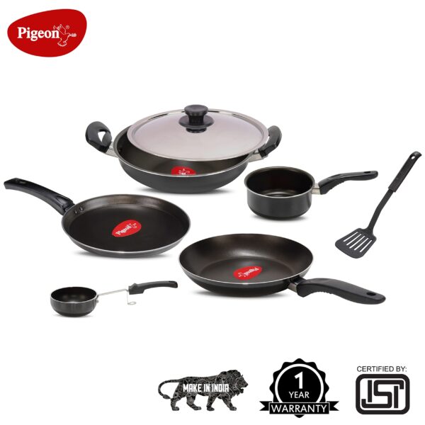 Pigeon Favourite 7 Piece Gift Set Non-Stick Coated Comes with Fry Pan, Kadhai, Lid, Sauce Pan, Spatula, Tadka Pan and a Tawa - Gas Stove Compatible (Black) - Image 3
