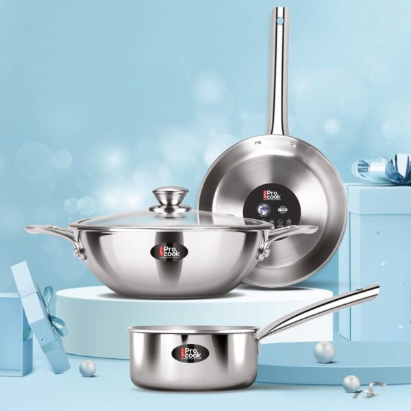 Milton Pro cook Triply Stainless Steel 4 Pc Induction Cookware Set, Tea Pan 16cm, Fry Pan 22cm, Kadai with Glass Lid 24cm, Even & Fast Cooking, Induction & Gas Ready, 3 Years Warranty by Manufacturer - Image 3