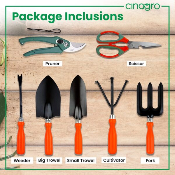 Cinagro Garden Tools Kit (Set of 7) Weeder, 2 Trowels, Hand Fork, Cultivator, Scissors, Pruner | Gardening Tools Kit for Home Garden, Indoor and Outdoor Gardening - Image 9