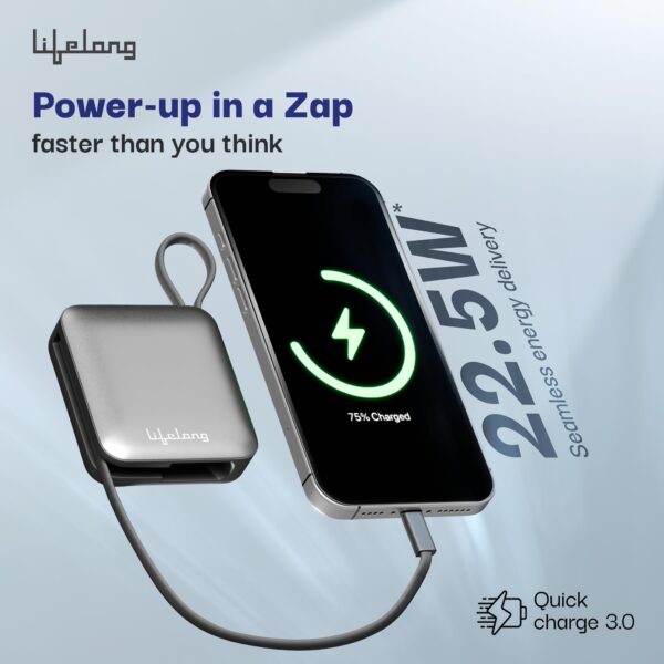 Lifelong Zap 10000mAh Power Bank - Quick Charge 3.0 | 2 Type-C outputs (22.5W) & Inputs (18W), and a Lightning Cable Output (10W) | Portable Wireless Charger for Mobiles, Earbuds, Speakers & Tablets - Image 3