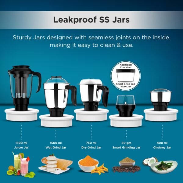 Butterfly Smart Plus 750W Mixer Grinder with 5 Jars | Multipurpose Jars - 3 Stainless Steel & 1 PC Juicer Jar | Grind & Store Jar | Heavy Duty Motor | 2 Years Manufacturer Warranty | Ink Blue - Image 5