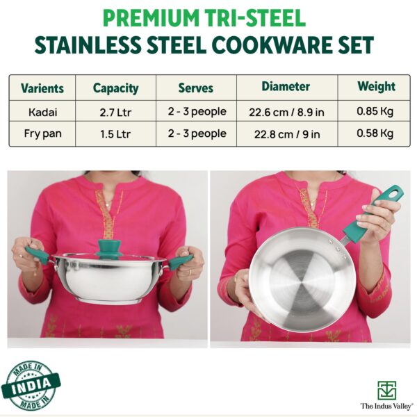 The Indus Valley Stainless Steel Cookware Set 3-Layer Thick Bottom - Set of 3Pcs | Fry Pan (22.8 Cm/1.5L)+ Kadai with Lid (22.6 Cm/2.1L) | Kitchen Cooking Combo Pots & Pans, Naturally Nonstick - Image 9