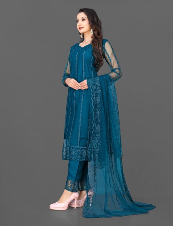 TOZRI Women Net, Cotton Rayon Kurta Pant with Dupatta Set (VVS1003) (M, RAMA) - Image 3