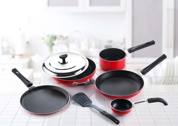 Crystal Aluminium Classic Series 7-Pc Non-Stick Cookware Set | PFOA Free | Tawa, Vagariya, Kadhai with SS Lid, Fry Pan, Sauce Pan, 1 Spatula | Multicolour - Image 10