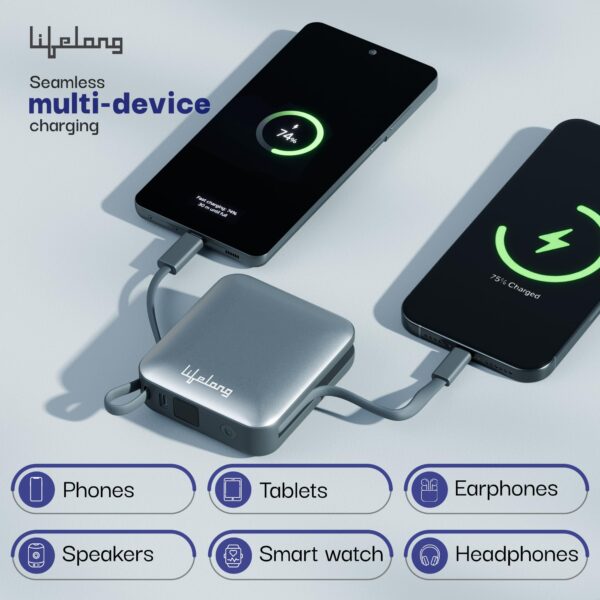 Lifelong Zap 10000mAh Power Bank - Quick Charge 3.0 | 2 Type-C outputs (22.5W) & Inputs (18W), and a Lightning Cable Output (10W) | Portable Wireless Charger for Mobiles, Earbuds, Speakers & Tablets - Image 4