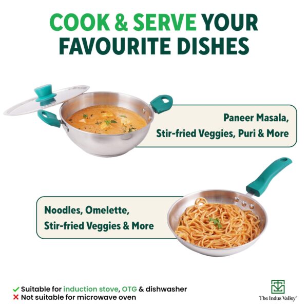 The Indus Valley Stainless Steel Cookware Set 3-Layer Thick Bottom - Set of 3Pcs | Fry Pan (22.8 Cm/1.5L)+ Kadai with Lid (22.6 Cm/2.1L) | Kitchen Cooking Combo Pots & Pans, Naturally Nonstick - Image 3