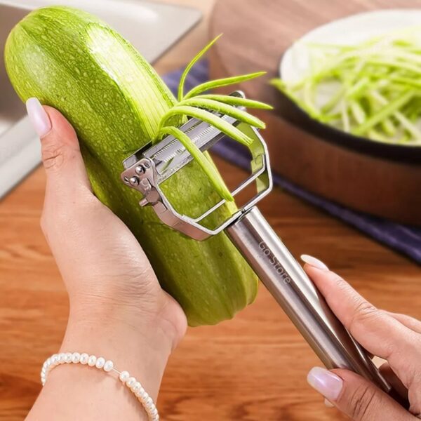Go Store 2 in 1 Stainless Steel Julienne Vegetable Peeler Multi-Functional Fruit & Veggie Shredder Slicer and Grater for Potatoes, Carrots, Cucumbers (Silver, 18 x 8.2 x 2.4 cm) - Image 2