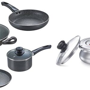 Prestige Omega Granite Aluminium Kitchen Set, 4-Pieces & Deluxe Alpha Svachh Stainless Steel Outer Lid Pressure Cooker 1.5L With Glass Lid (Deep for Spillage Control)