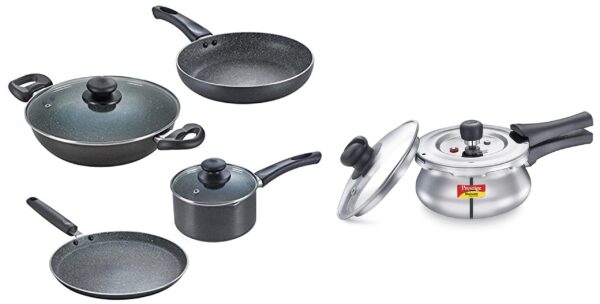 Prestige Omega Granite Aluminium Kitchen Set, 4-Pieces & Deluxe Alpha Svachh Stainless Steel Outer Lid Pressure Cooker 1.5L With Glass Lid (Deep for Spillage Control)