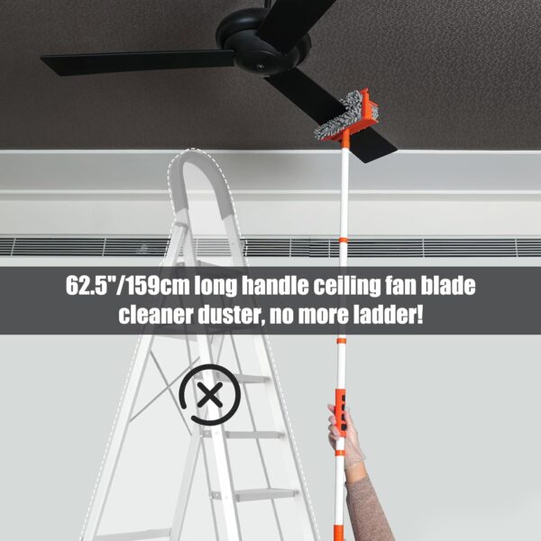MONJAY 3 in 1 Fan Cleaner Duster with 159cm Extendable Long Handle for Ceiling Fan Blade,Fan Cleaning Mop with 2 Microfiber Mop Head for Dusting Ceiling Fan Washable Pads for Wipe Wall - Image 7
