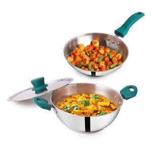 The Indus Valley Stainless Steel Cookware Set 3-Layer Thick Bottom - Set of 3Pcs | Fry Pan (22.8 Cm/1.5L)+ Kadai with Lid (22.6 Cm/2.1L) | Kitchen Cooking Combo Pots & Pans, Naturally Nonstick