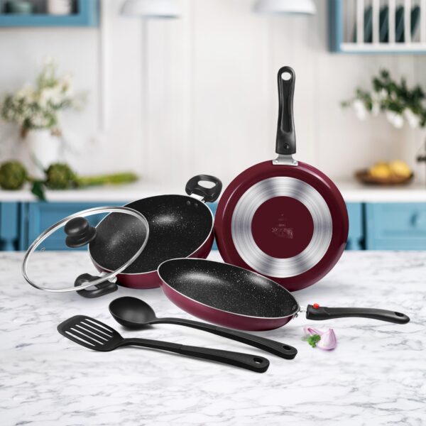 Milton Pro Cook Kitchen Pride Set of 5 Non Stick Cookware | Non Induction I Cooking Pan, Kadhai with Lid, Tawa, Nylon Laddle & Spatula I Peach - Image 7