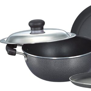 Prestige Aluminium Omega Select Plus Residue Free Non-Stick Kitchen Set, 3-Pieces + Prestige Svachh, 20255, 5 L, Deep Pressure Pan, with Deep Lid for Spillage Control