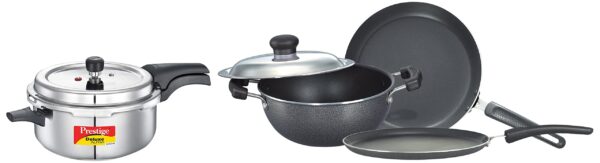 Prestige Aluminium Omega Select Plus Residue Free Non-Stick Kitchen Set, 3-Pieces + Prestige Svachh, 20255, 5 L, Deep Pressure Pan, with Deep Lid for Spillage Control