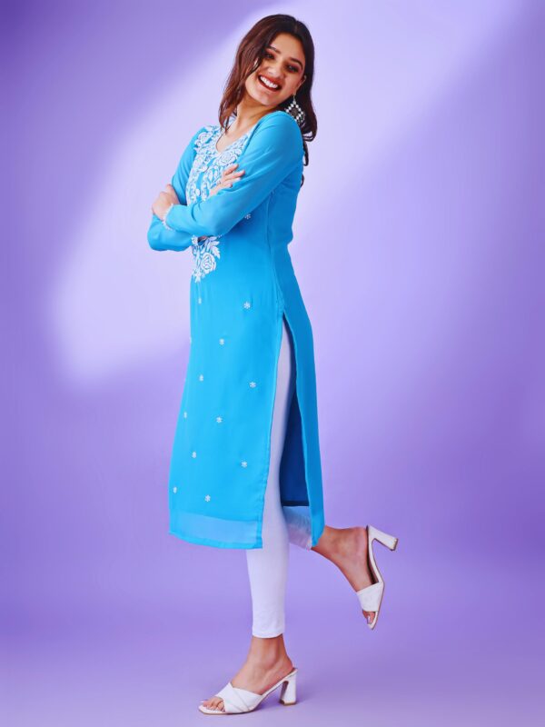 HESVI Women Georgette Regular Fit White Lakhnavi Chikankari Kurti with Intricate Embroidery Work (Blue, S) - Image 7