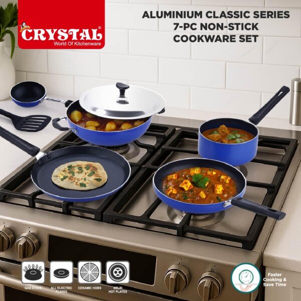 Crystal Aluminium Classic Series 7-Pc Non-Stick Cookware Set | PFOA Free | Tawa, Vagariya, Kadhai with SS Lid, Fry Pan, Sauce Pan, 1 Spatula | Multicolour - Image 8