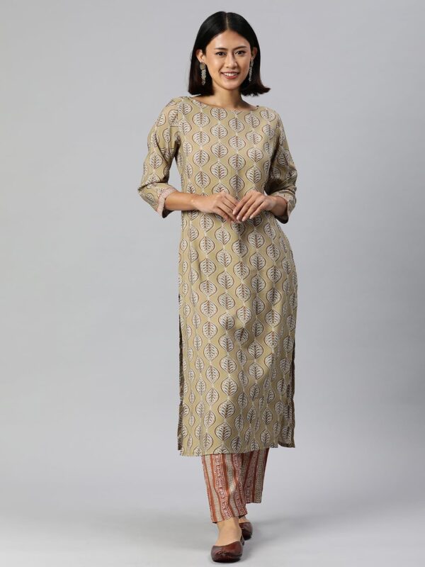 Amazon Brand - Anarva Women's Beige Chanderi Cotton Ethnic Motifs Printed Straight Kurta with Bottom (HRKB0073BEIGE_XXL) - Image 5