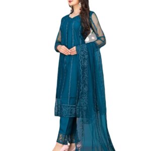 TOZRI Women Net, Cotton Rayon Kurta Pant with Dupatta Set (VVS1003) (M, RAMA)