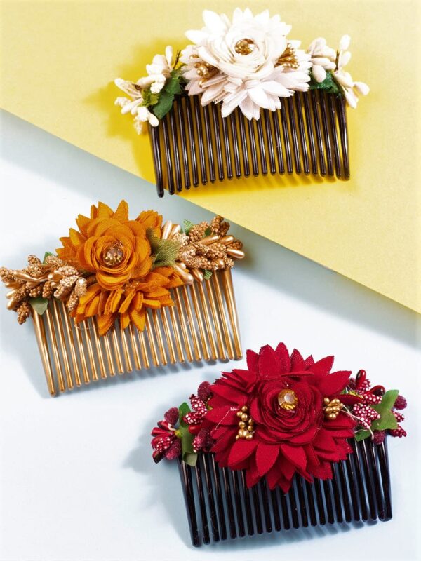 Accessher Multicolor Acrylic Comb Indo Western Fancy Hair Clip/Side Pin/Jooda Pin Accessories With Cloth Flower for Women and Girls (Pack of 3) - Image 8