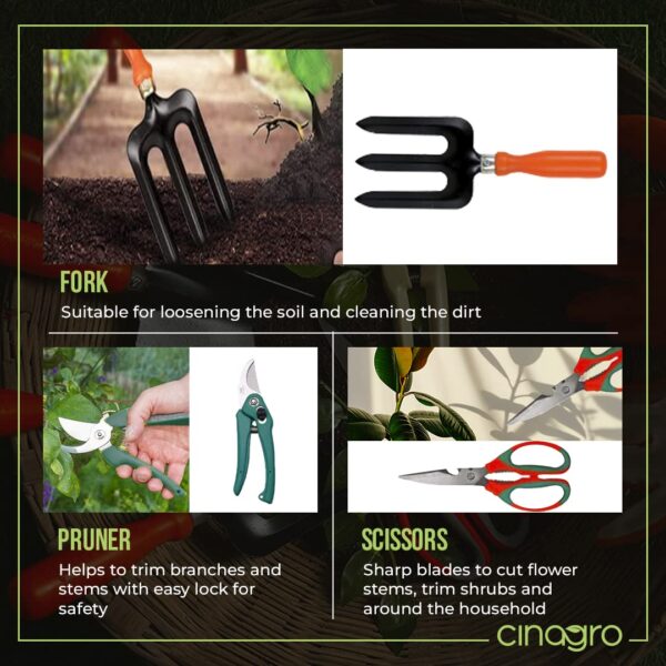 Cinagro Garden Tools Kit (Set of 7) Weeder, 2 Trowels, Hand Fork, Cultivator, Scissors, Pruner | Gardening Tools Kit for Home Garden, Indoor and Outdoor Gardening - Image 7