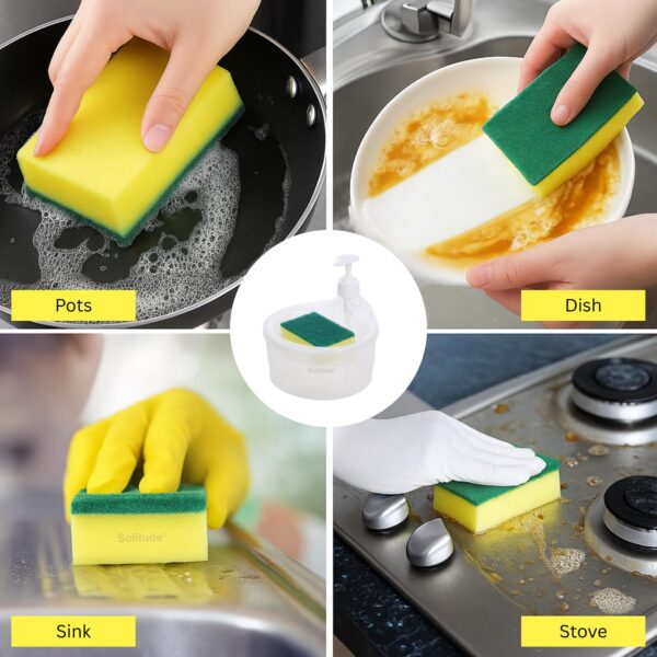 Solitude Double Layer Soap Dispenser with 2 Sponges for Bathroom Accessories Dishwasher Liquid Holder Liquid Dispenser Pump with Sponge Holder Kitchen Sink Accessories Items (Transparent) - Image 7