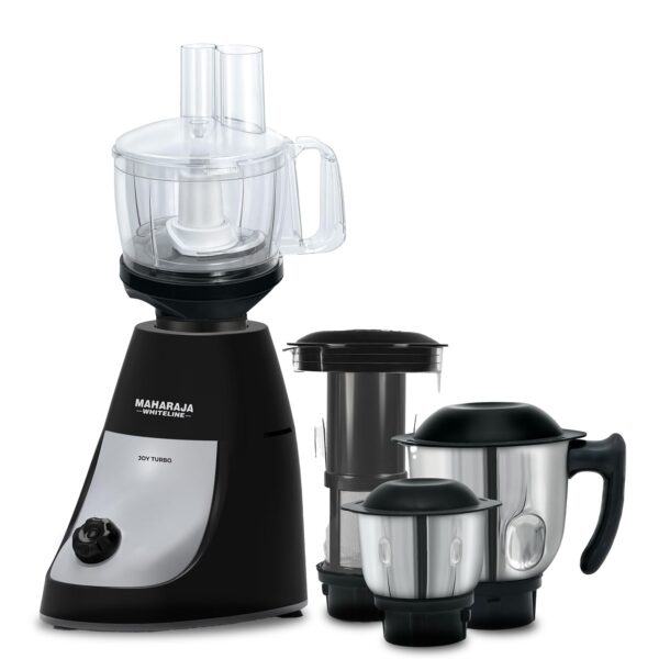 Maharaja Whiteline Joy Turbo 800 W Mixer Grinder with Juicer and Food Processor | Stainless Steel Blades | Cooling Operation | 4 Jars, 7 Blades Atta Kneader, Chop, Whisk, Slice & Shred | Black, Grey