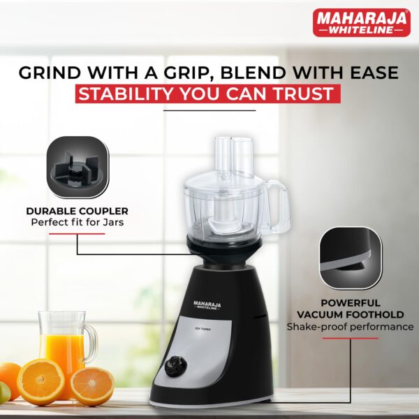 Maharaja Whiteline Joy Turbo 800 W Mixer Grinder with Juicer and Food Processor | Stainless Steel Blades | Cooling Operation | 4 Jars, 7 Blades Atta Kneader, Chop, Whisk, Slice & Shred | Black, Grey - Image 5