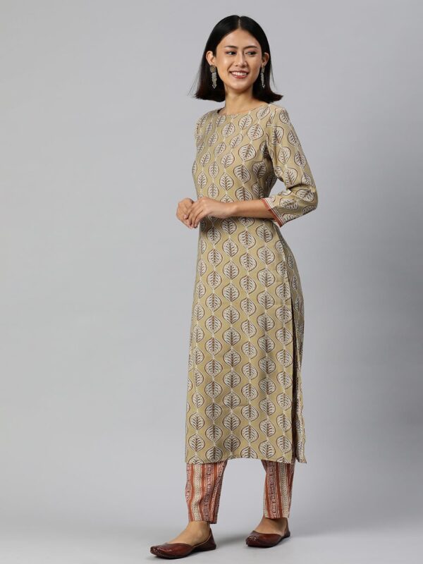 Amazon Brand - Anarva Women's Beige Chanderi Cotton Ethnic Motifs Printed Straight Kurta with Bottom (HRKB0073BEIGE_XXL) - Image 4